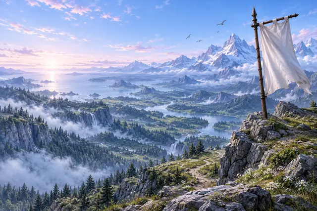 Une bannière plantée sur un promontoire, au-dessus de vallées dans la brume du matin