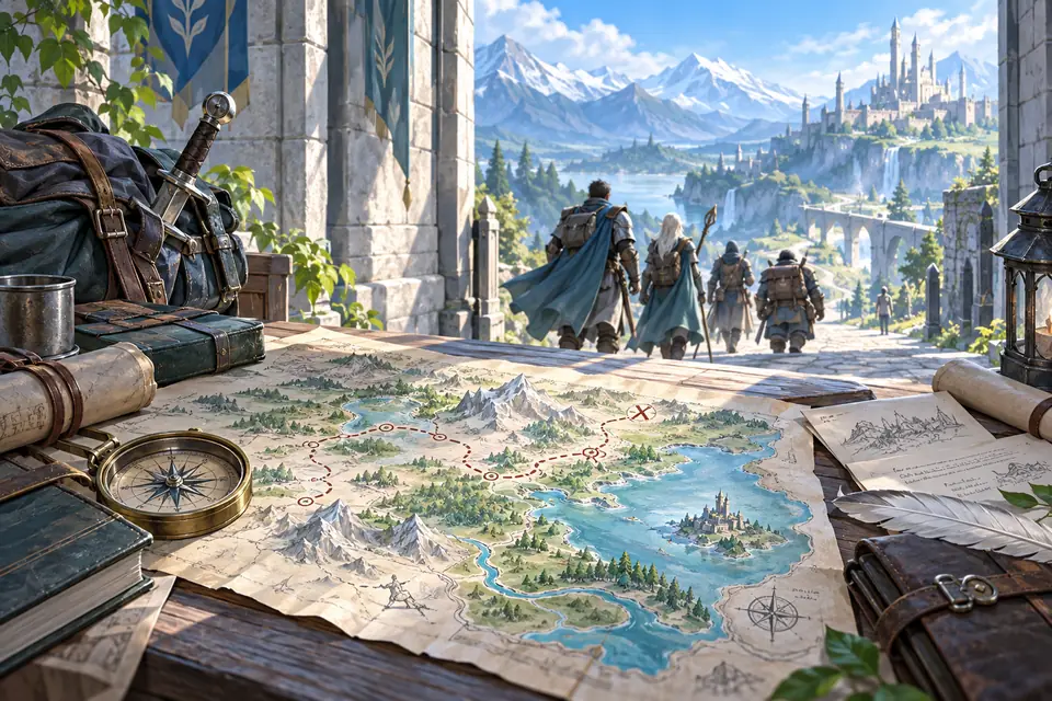 Une carte déployée sur une table, des aventuriers qui partent vers les montagnes