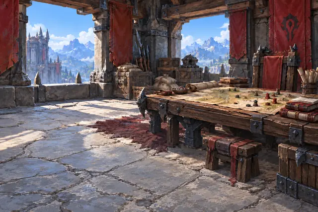 Une salle de commandement ouverte sur les montagnes, une grande table couverte de cartes
