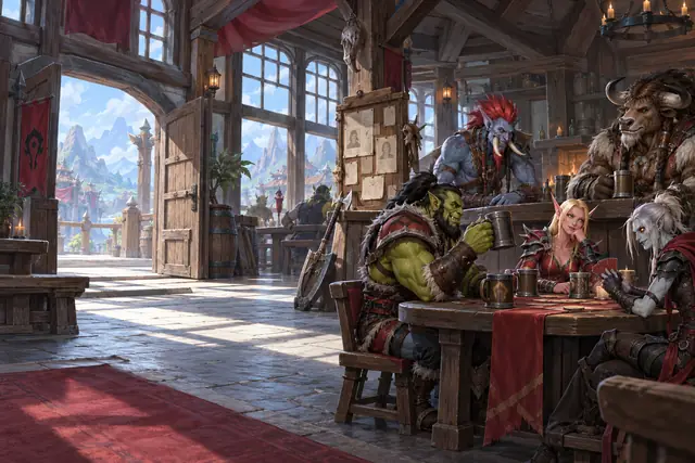 Une taverne baignée de lumière, des aventuriers attablés