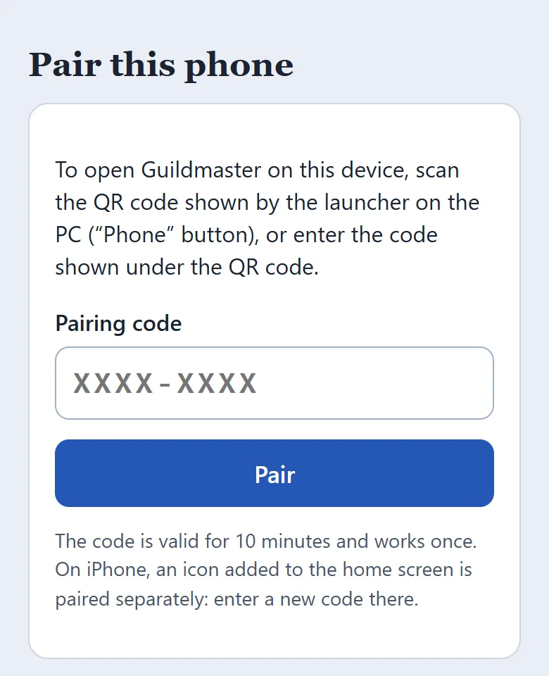On the phone, the Pair this phone page: a field for the code and the Pair button