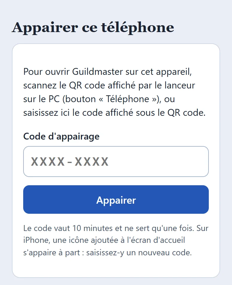 Sur le téléphone, la page Appairer ce téléphone : un champ pour le code et le bouton Appairer