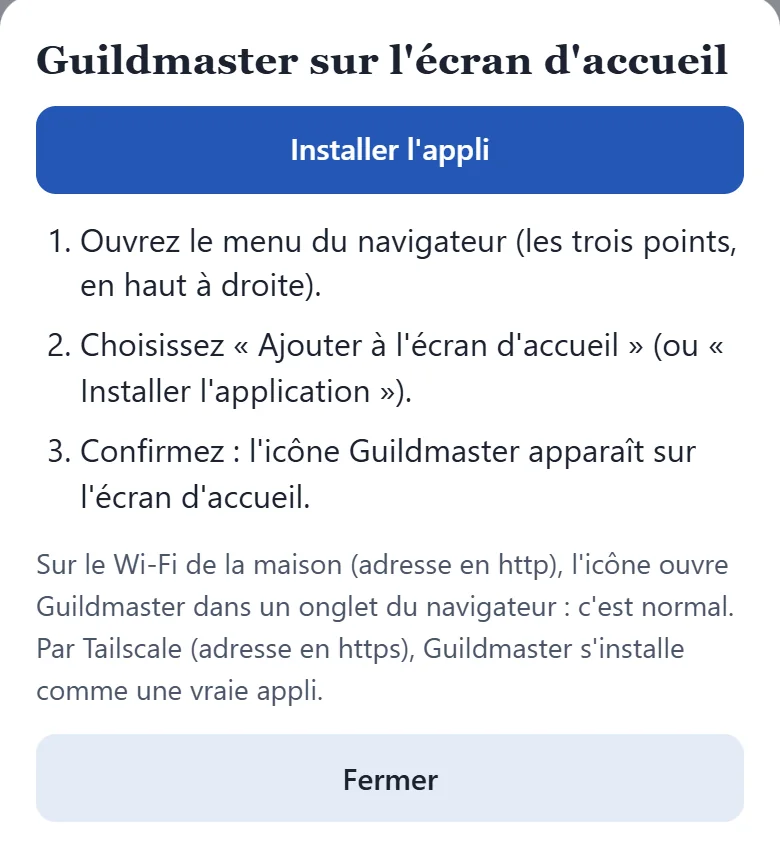 Dans l'appli, les étapes pour Android : menu du navigateur, Ajouter à l'écran d'accueil, confirmer