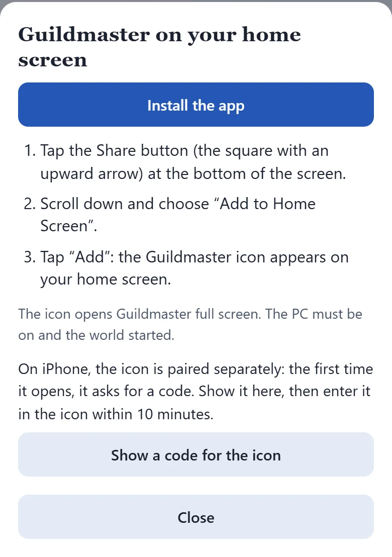 In the app, the iPhone steps and the Show a code for the icon button