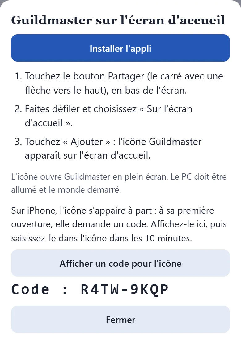 Dans l'appli, les étapes pour iPhone et le bouton Afficher un code pour l'icône
