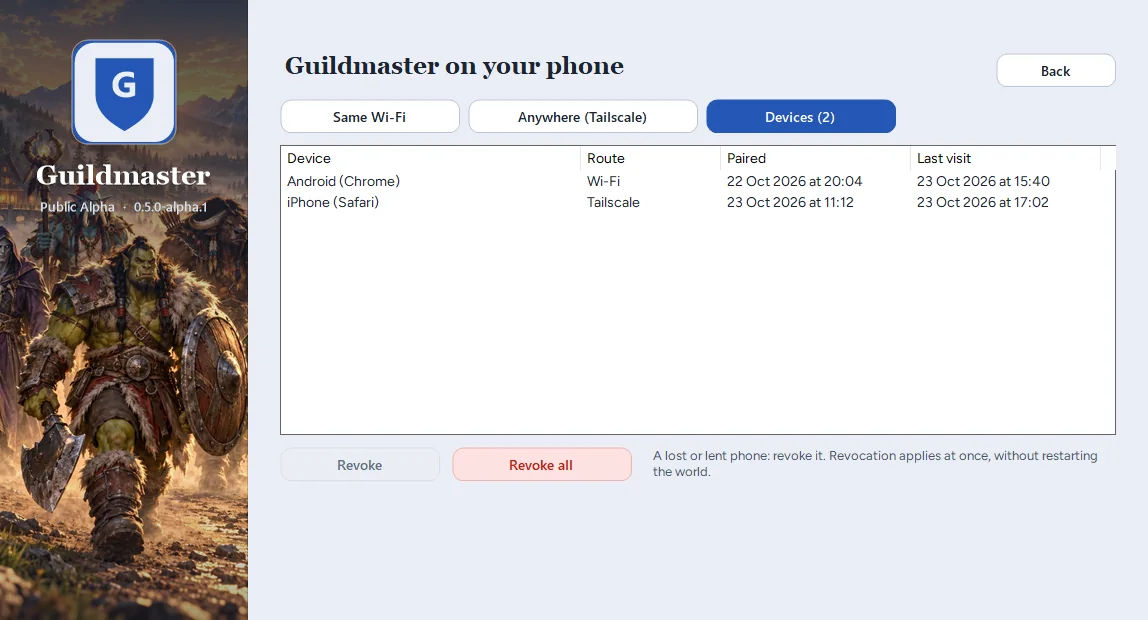 The launcher, Devices tab: the list of paired phones and the Revoke and Revoke all buttons