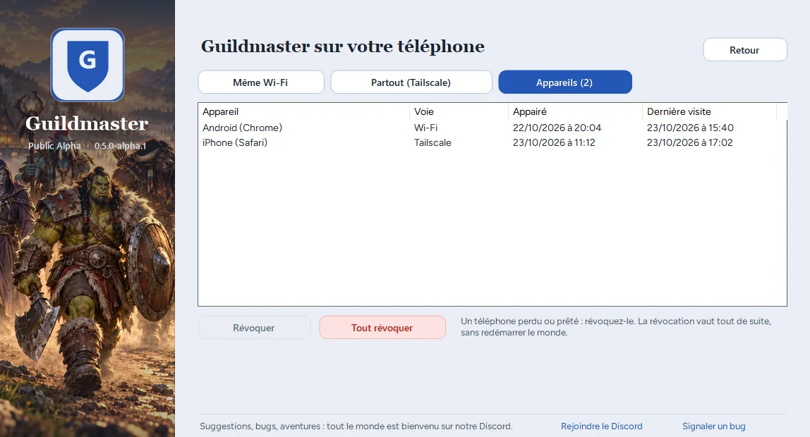 Le lanceur, onglet Appareils : la liste des téléphones appairés et les boutons Révoquer et Tout révoquer