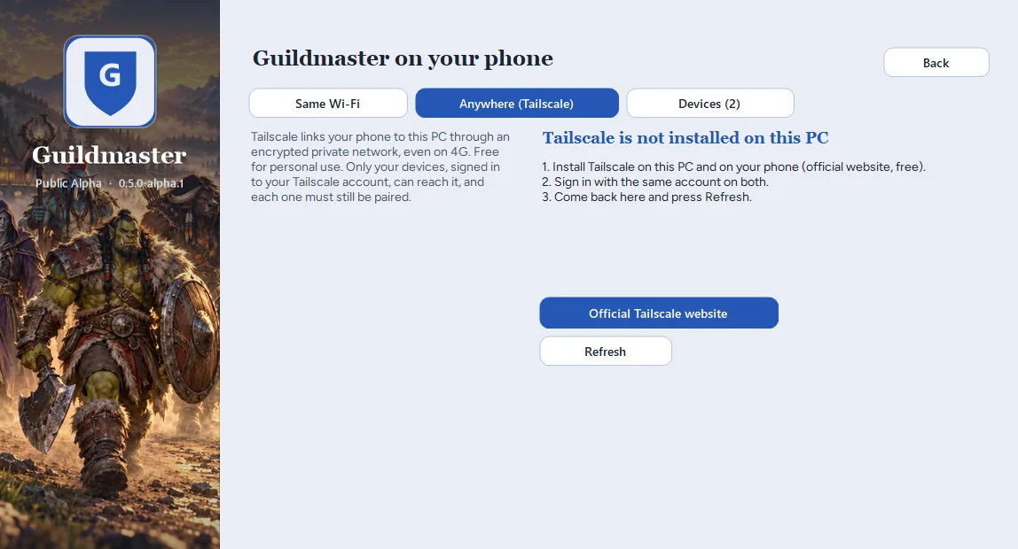 The launcher, Anywhere (Tailscale) tab, with the steps to install Tailscale and the link to its official website