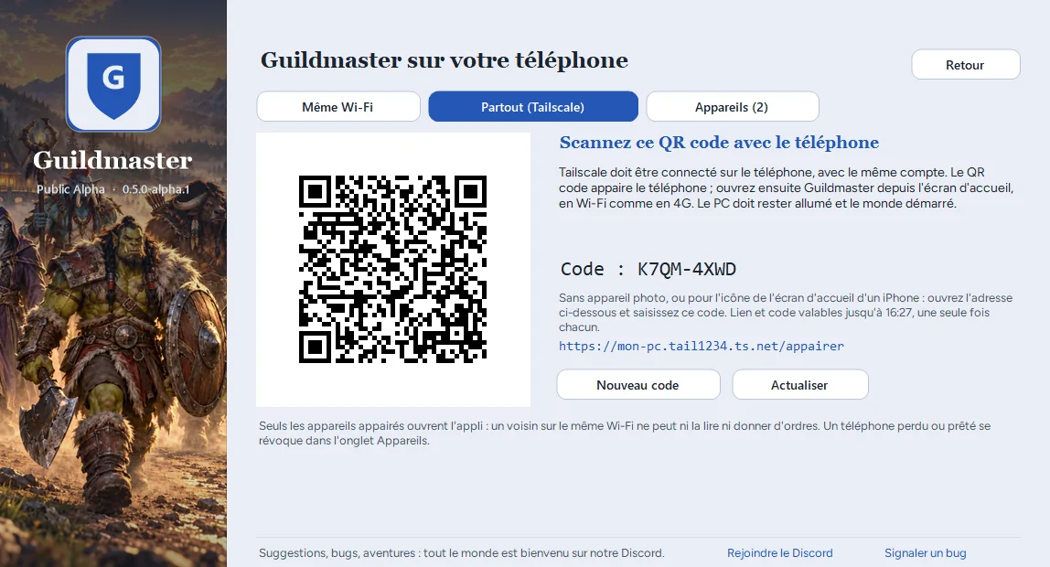 Le lanceur, onglet Partout (Tailscale) : le QR code d'appairage et l'adresse sécurisée en ts.net