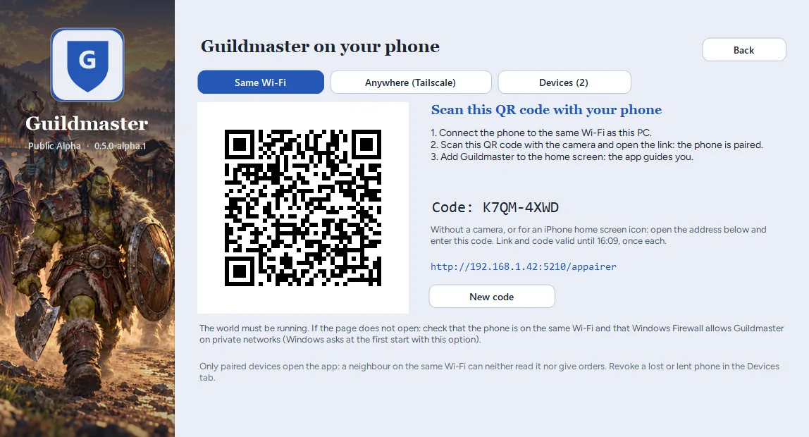 The launcher, Phone screen, Same Wi-Fi tab: a QR code, the code K7QM-4XWD and the pairing page address