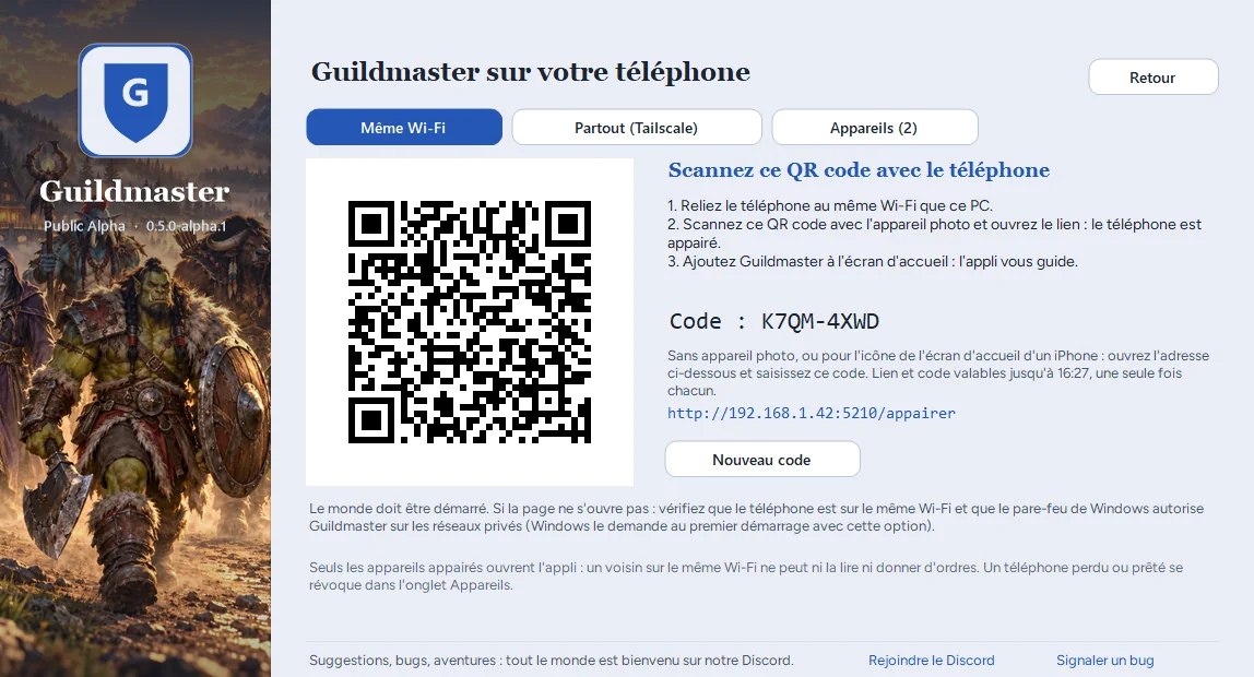 Le lanceur, écran Téléphone, onglet Même Wi-Fi : un QR code, le code K7QM-4XWD et l'adresse de la page d'appairage